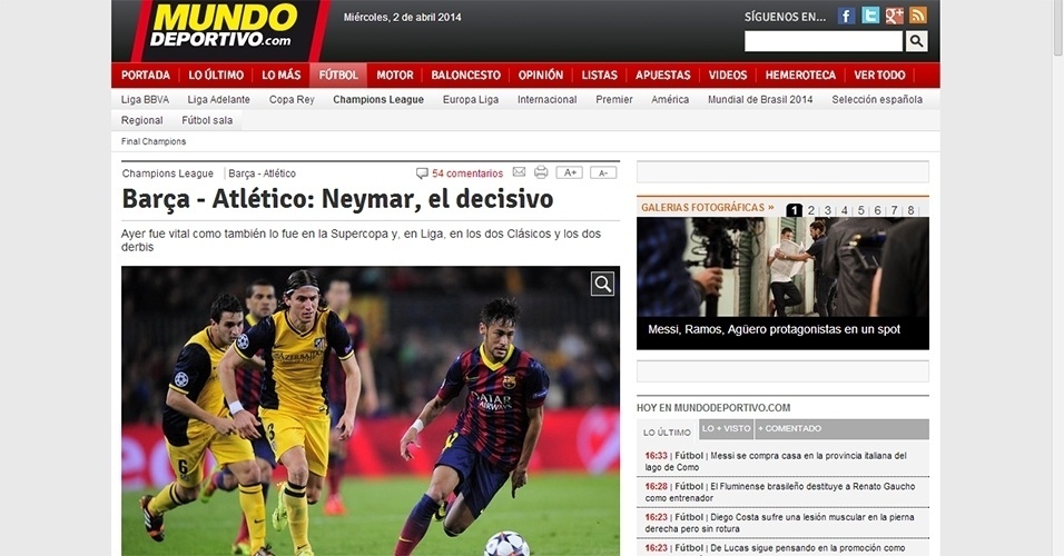"Neymar, o decisivo", cravou o Mundo Deportivo após gol do brasileiro no empato do Barça com o Atlético de Madri - Reprodução/Mundo Deportivo