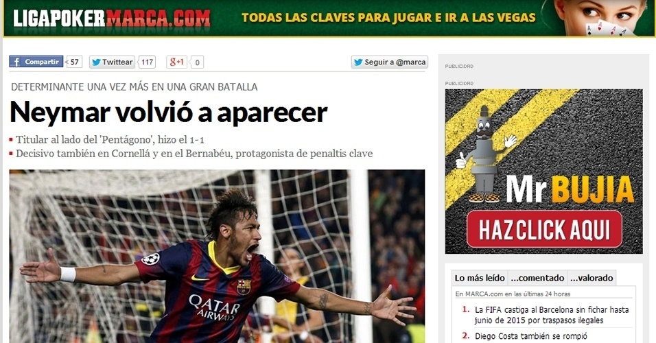 "Neymar voltou a aparecer", destacou o Marca - Reprodução/Marca