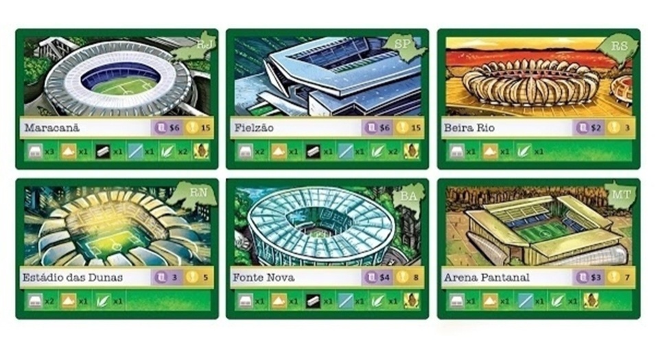 Estádios da Copa do Mundo na representação gráfica do jogo "A Conta da Copa é Nossa"
