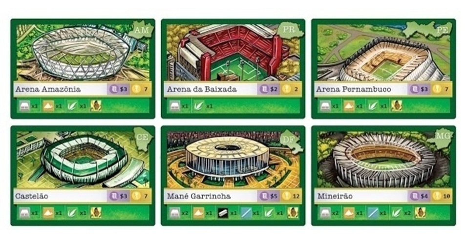 Estádios da Copa do Mundo na representação gráfica do jogo "A Conta da Copa é Nossa"