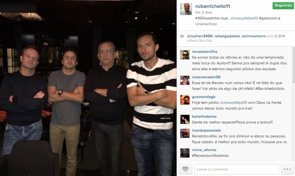 Até Galvão Bueno resolveu posar para ao estilo sem risadinha durante o fim de semana do GP do Bahrein. A foto foi ao lado de Rubinho, Massa e Nenê - Reprodução/Instagram