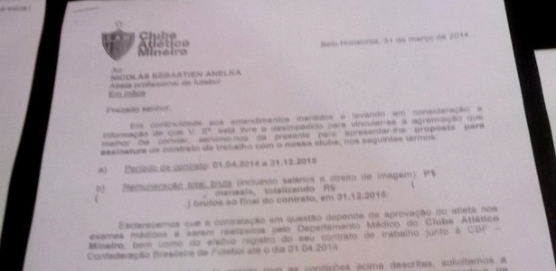 Atlético-MG apresenta cópia de termo de contrato proposto a Anelka com assinaturas de representantes das duas partes - Reprodução