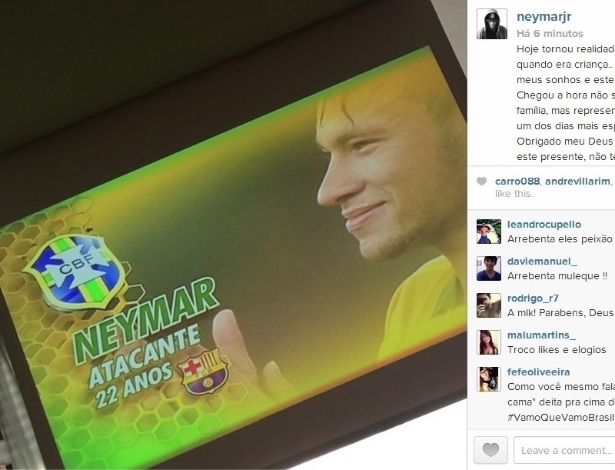 Neymar posta foto no Instagram comemorando convocação para a Copa do Mundo