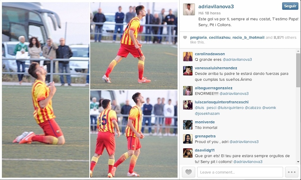 14.mai.2014 - Adrià Vilanova marca pelo juvenil do Barcelona e homenageia o pai - undefined