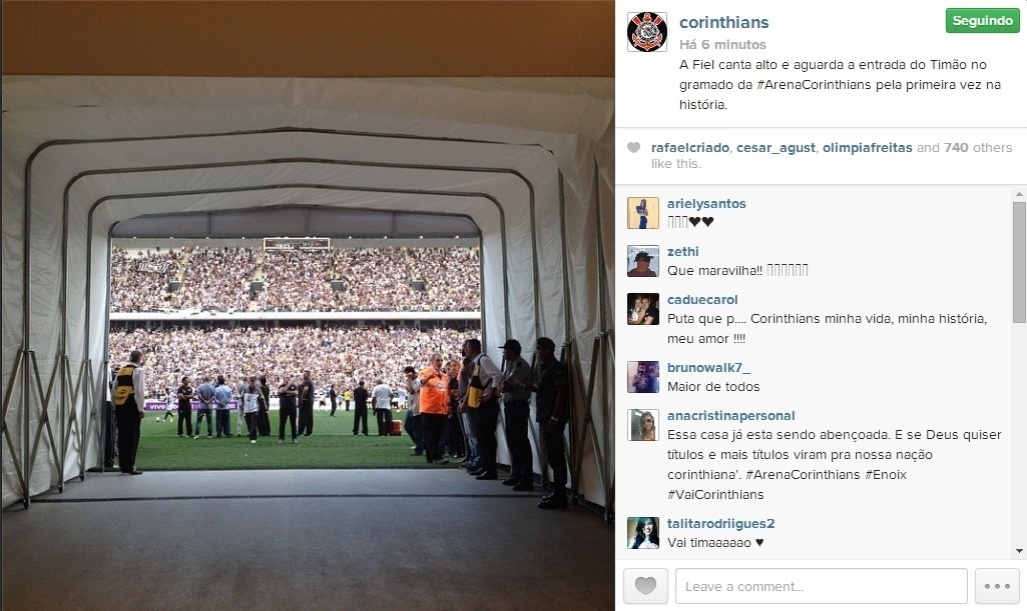 18.mai.2014 - Foto postada pelo Instagram do Corinthians mostra a visão dos jogadores no momento da entrada em campo no Itaquerão