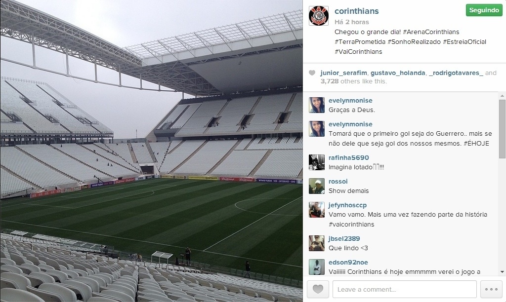 18.mai.2014 - Instagram oficial do Corinthians publica foto com o palco do Itaquerão pronto para a inauguração neste domingo, contra o Figueirense, pelo Campeonato Brasileiro