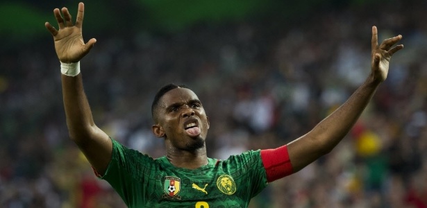 01.jun.2014 - Samuel Eto'o comemora após marcar para Camarões o primeiro gol do amistoso contra Alemanha
