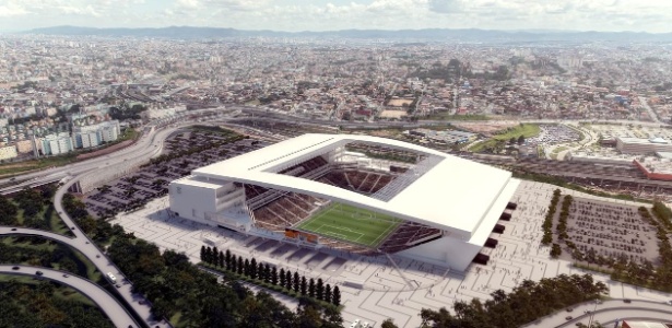 Projeto pós-Copa para o Itaquerão mostra um estádio bem mais limpo, com estacionamento, entrada VIP, painéis, árvores e iluminações inexistentes atualmente