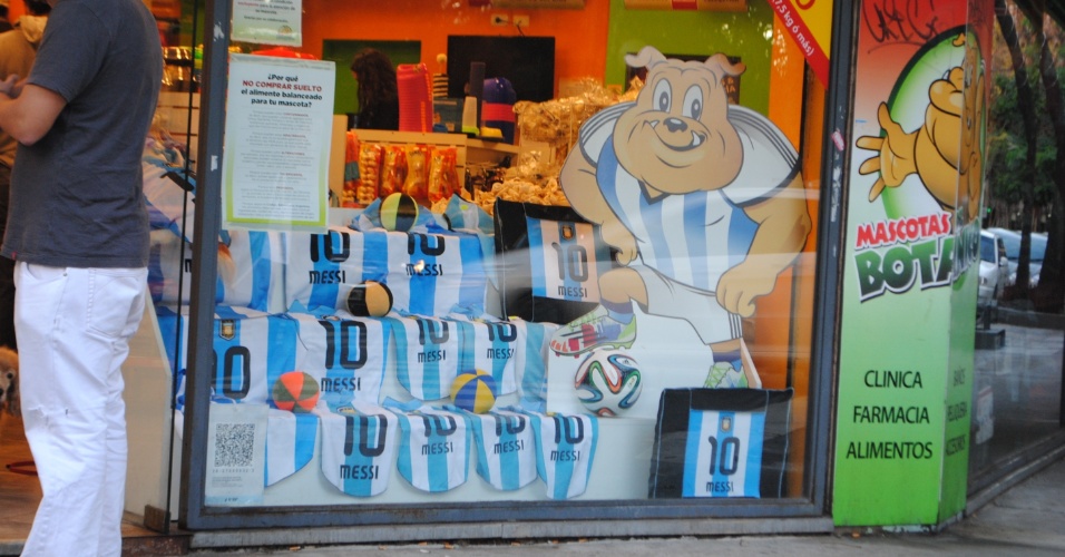 Uma petshop na Avenida Santa Fé vestiu até o cachorro da vitrine com a camisa da seleção argentina
