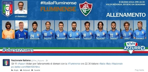 No Twitter, a Itália divulgou time que vai enfrentar Fluminense no "treinamento", composto por reservas