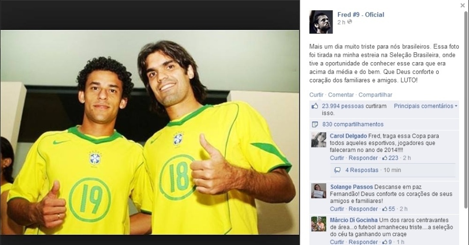 Fred posta imagem ao lado de Fernandão em amistoso da seleção brasileira em 2005, o único que o ex-atacante e ídolo do Inter fez com a camisa do Brasil