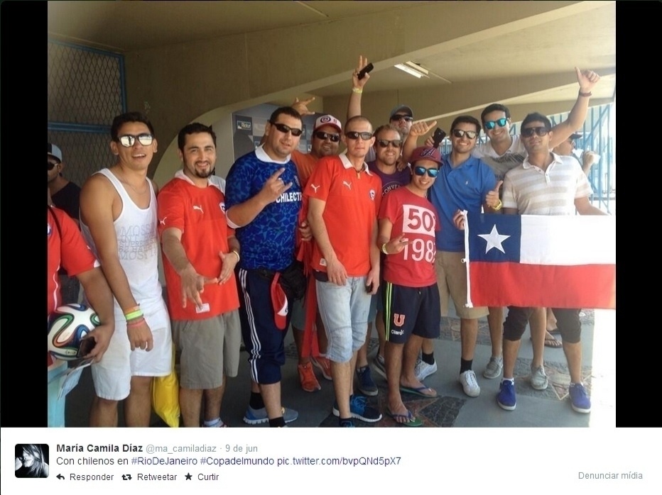 Maria Camila enviou uma foto com um grupo de torcedores chilenos no Rio de Janeiro. Mande sua foto com um gringo: use a hashtag #uolnacopa no Instagram ou Twitter. Você também pode enviar um WhatsApp para (11) 94288.3664
