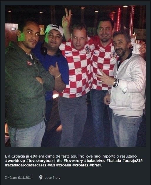 Torcedores brasileiros e croatas já viraram parceiros de balada em São Paulo. Mande sua foto com um gringo: use a hashtag #uolnacopa no Instagram ou Twitter. Você também pode enviar um WhatsApp para (11) 94288.3664