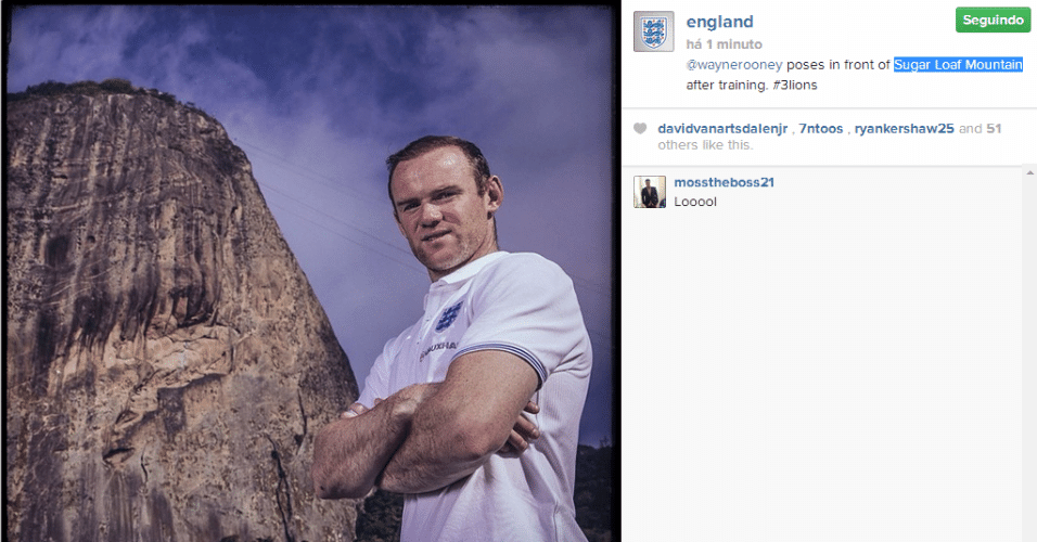 Wayne Rooney aproveita momento de folga e faz pose ao lado do Pão de Açúcar