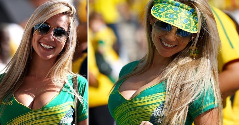 12.jun.2014 - Bela torcedora comparece de verde e amarelo no Itaquerão para dar apoio ao Brasil na estreia contra a Croácia