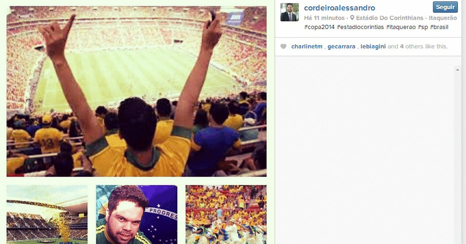 Esse torcedor registrou vários momentos da abertura da Copa e fez questão de postá-los no Instagram. Mande sua foto no Itaquerão: use a hashtag #uolnacopa no Instagram ou Twitter. Você também pode enviar um WhatsApp para (11) 94288.3664