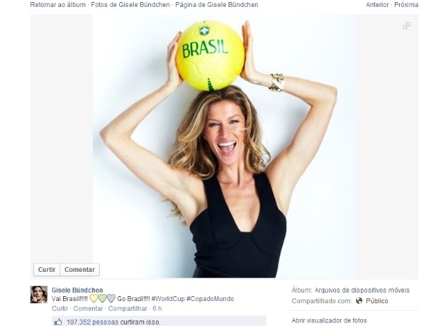 Gisele Bündchen mostrou seu apoio ao Brasil antes do jogo: "Vai Brasil!"