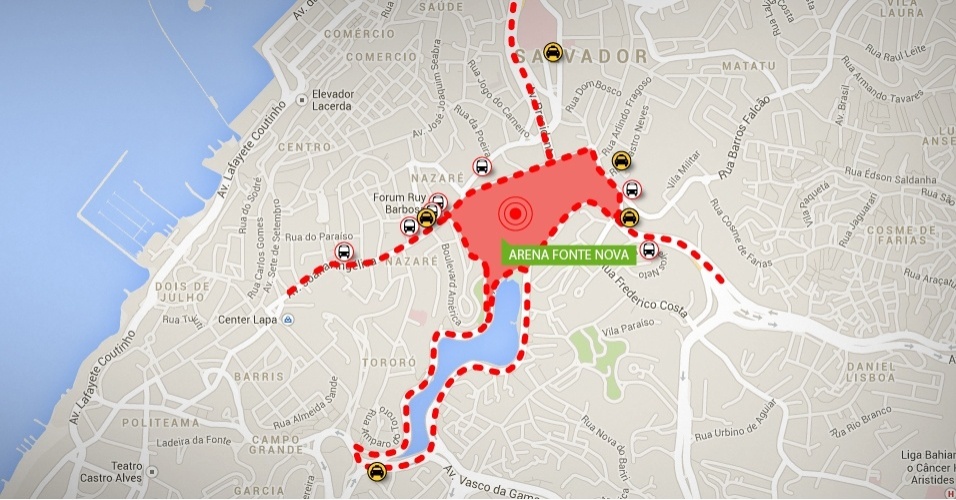 Mapa de localização da Arena Fonte Nova, em Salvador