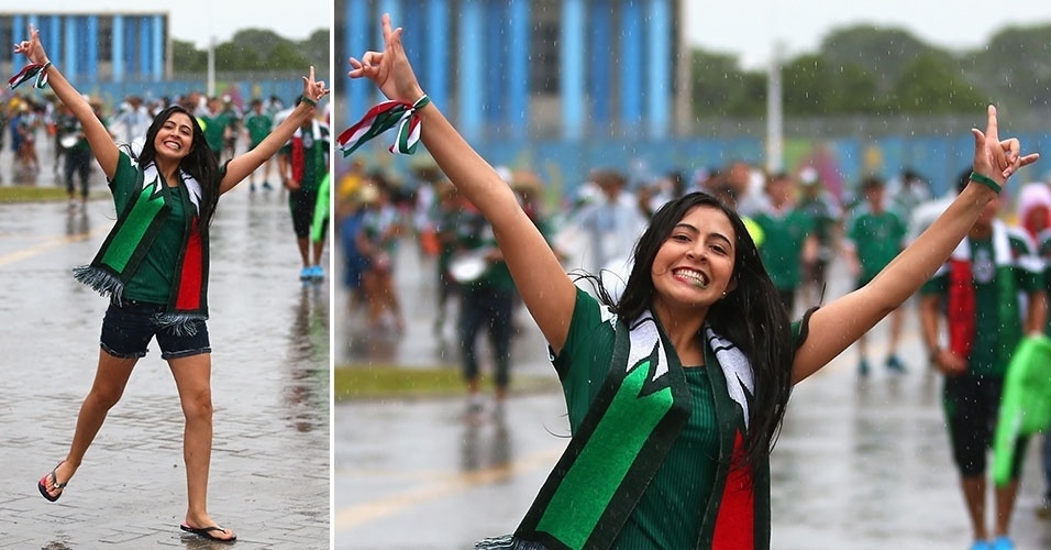 13.jun.2014 - Torcedora enfrenta chuva com empolgação para acompanhar a estreia do México na Copa