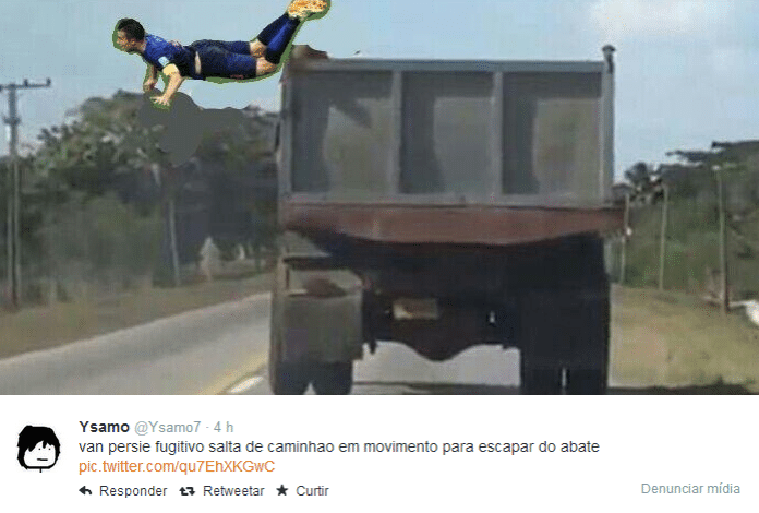 Internauta usa imagem do lance do holandês em fuga de caminhão em movimento.