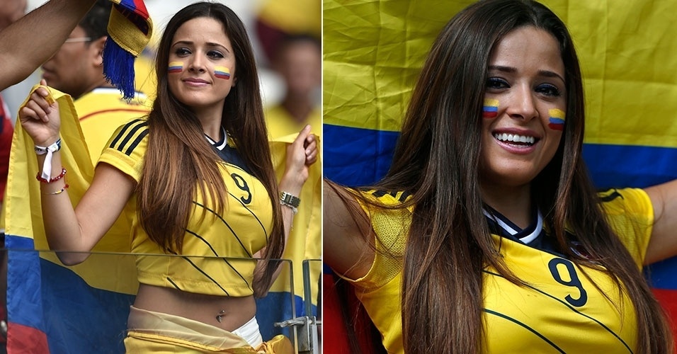 14.jun.2014 - De barriga de fora e piercing no umbigo, torcedora da Colômbia vai ao Mineirão de cara pintada para apoiar o time contra a Grécia