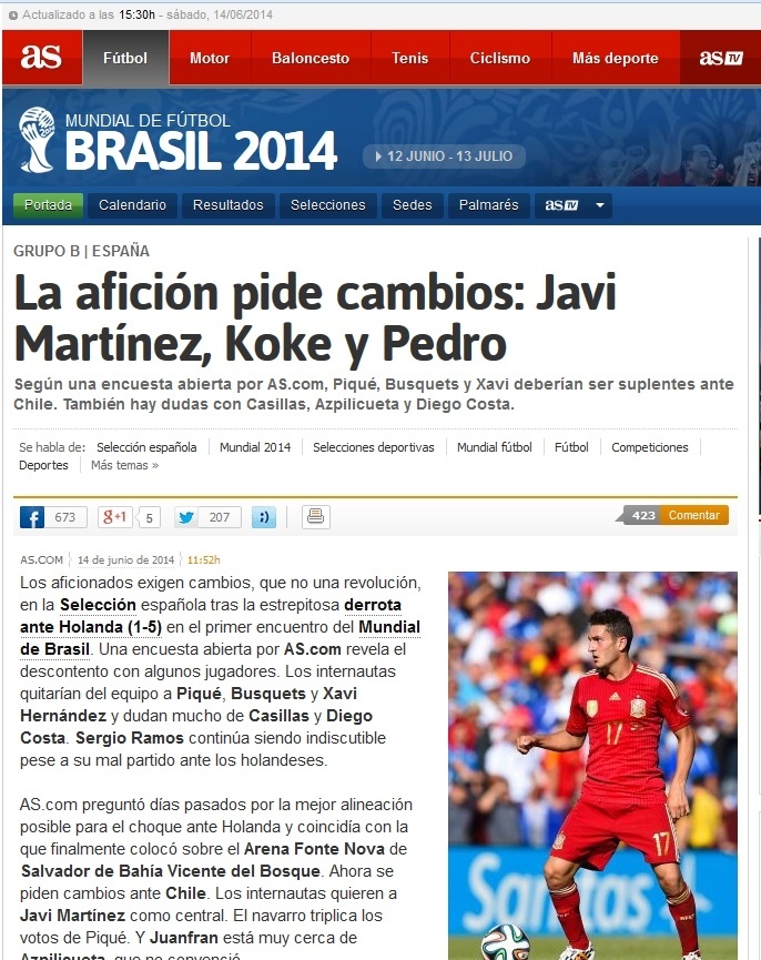 Print do jornal espanhol As, que tenta encontrar culpados para a goleada sofrida pela Espanha