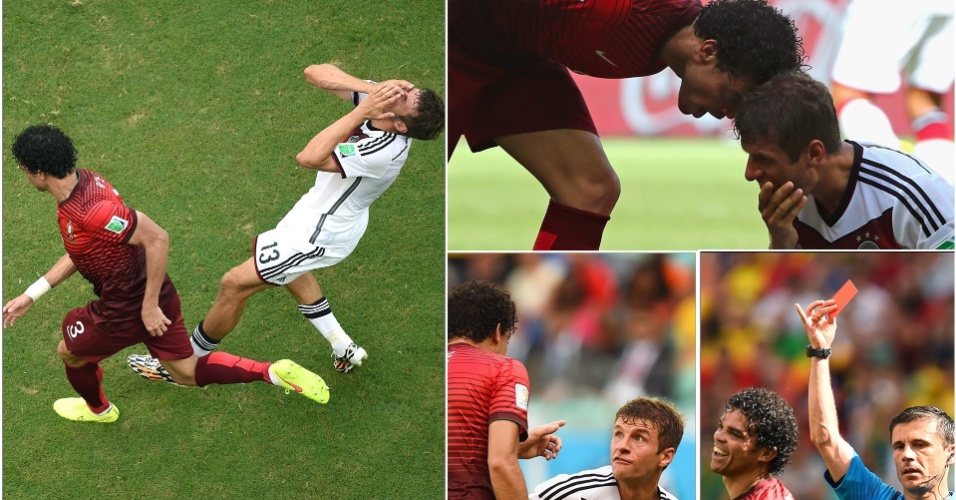 Montagem com os momentos da agressão de Pepe em Thomas Müller, que terminou com a expulsão do português