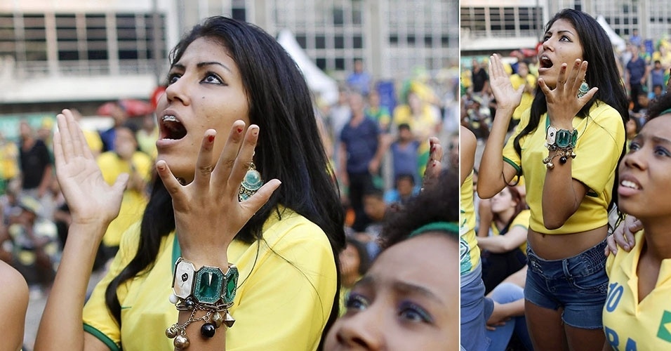 Torcedora brasileira acompanha atentamente o jogo contra o México