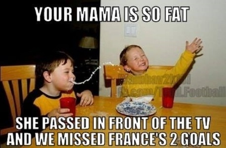 "Sua mãe é tão gorda que enquanto esta estava passando na frente da TV nós perdemos dois gols da França"