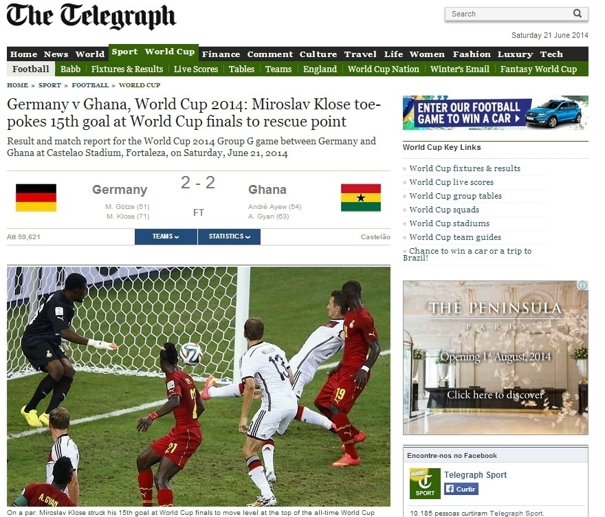 "Klose faz o 15º gol para salvar a Alemanha", afirmou o The Telegraph