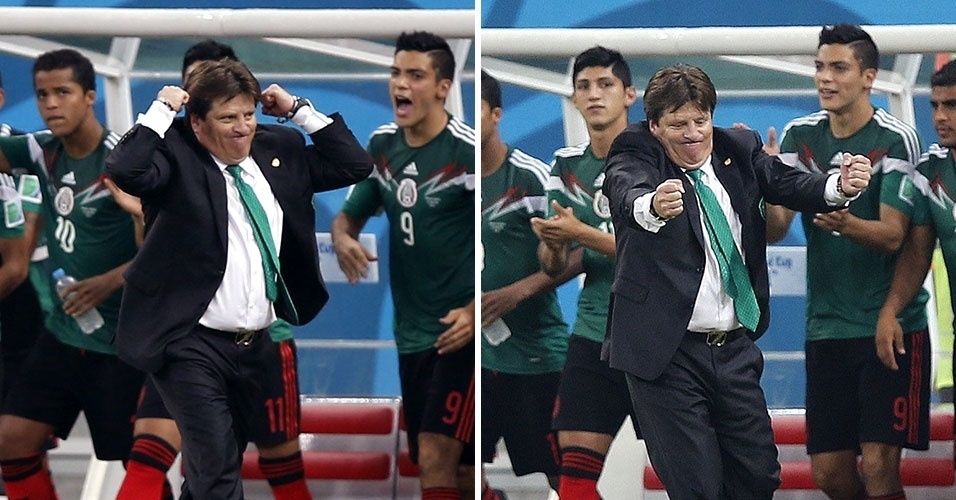 "Ai ai ai ai ai ai ai... Em cima, em baixo, puxa e vai!". Miguel Herrera comemora mais um gol mexicano, para variar se empolgando na comemoração - o que o fez virar meme e bombar na internet