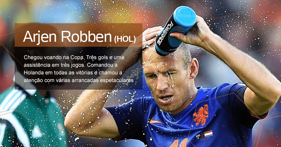 Grupo B - 5.	O cara: Arjen Robben ? Chegou voando na Copa. Três gols e uma assistência em três jogos. Comandou a Holanda em todas as vitórias e chamou a atenção com várias arrancadas espetaculares