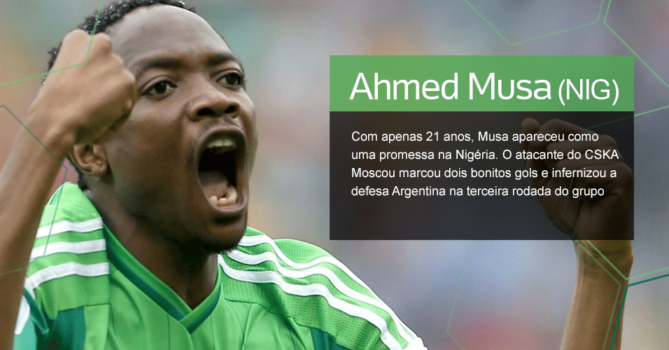 Grupo F - A surpresa: Ahmed Musa (NIG) ? Com apenas 21 anos, Musa apareceu como uma promessa na Nigéria. O atacante do CSKA Moscou marcou dois bonitos gols e infernizou a defesa Argentina na terceira rodada do grupo