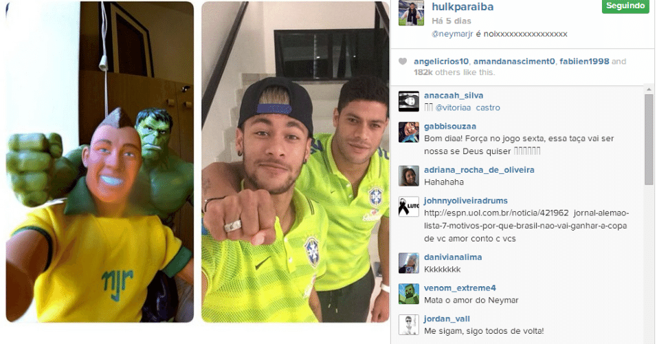 25.jun.2014 - Hulk estava inspirado e postou uma foto com Neymar ao lado de outra imagem com um boneco do camisa 10 e o Incrível Hulk fazendo a mesma pose