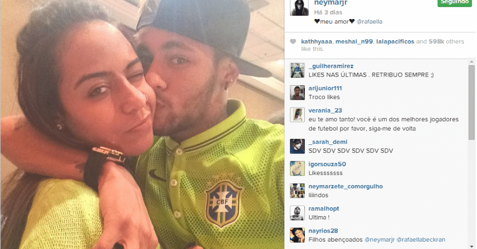27.jun.2014 - Neymar sempre faz questão de estar ao lado da irmã Rafaella, e manifestou seu amor um dia antes do jogo contra o Chile