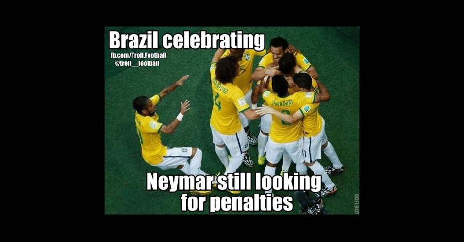"Brasil comemorando e o Neymar tentando cavar um pênalti". Internautas brincam com queda de Neymar na comemoração