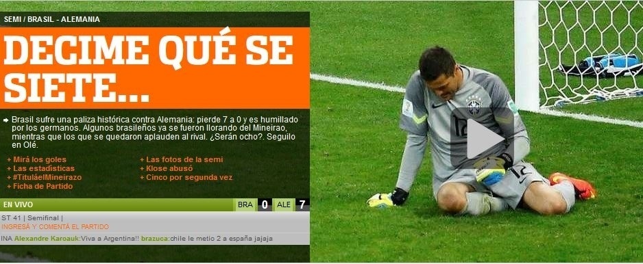 Jornal argentino Olé brinca com o sétimo gol da Alemanha e usa música criada por hermanos para provocar: "Diga-me o que você 'sete'"