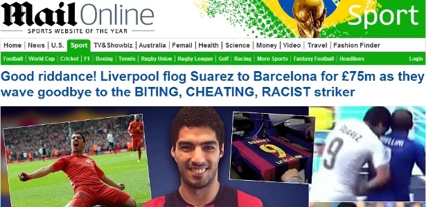 Jornal inglês chama Luíz Suárez e mordedor, trapaceiro e racista ao anuncia transferência do atleta - Reprodução/DailyMail