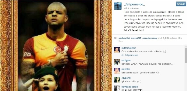 Felipe Melo comemorou três anos defendendo o Galatasaray, da Turquia, nesta terça - Reprodução/Instagram 
