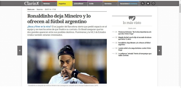 Clarín repercute saída de Ronaldinho Gaúcho do Atlético-MG e diz que craque foi oferecido ao futebol argentino - Reprodução