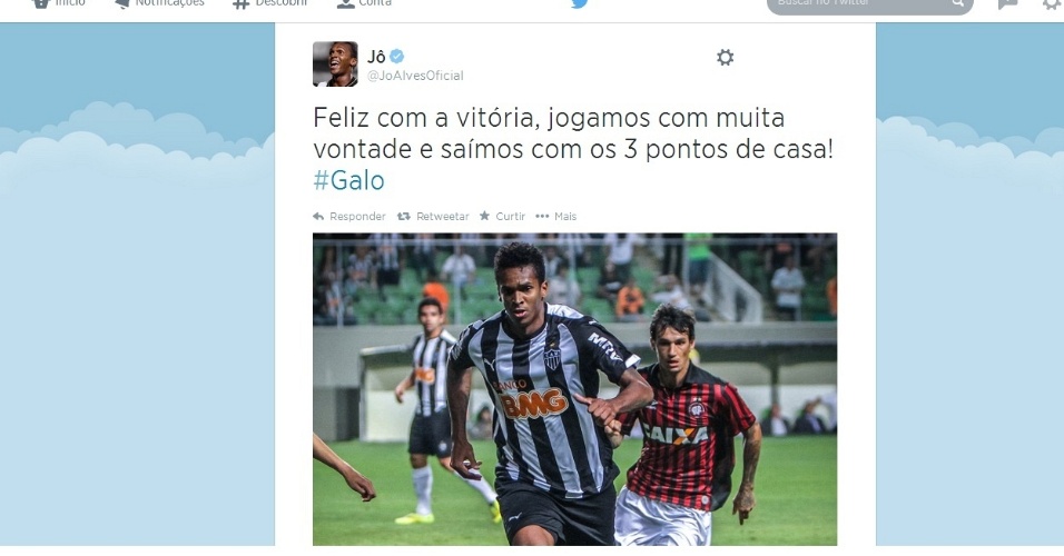 4 AGO 2014 - Jô posta mensagem comemorando vitória no Facebook e ignora o fato de ter se ausentado na reapresentação do Atlético-MG