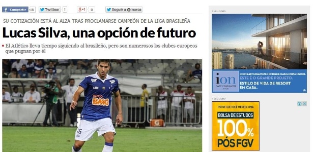 Jornal Marca noticia interesse do Atlético de Madri na contratação do volante Lucas Silva - Reprodução/Jornal Marca