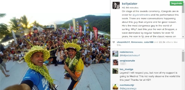 Kelly Slater posta foto com Medina no pódio de Teahupoo, e elogia: "Perigoso" - Reprodução