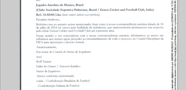 Carta da Fifa avisou ao Genoa que o caso será levado ao Comitê Disciplinar - Reprodução
