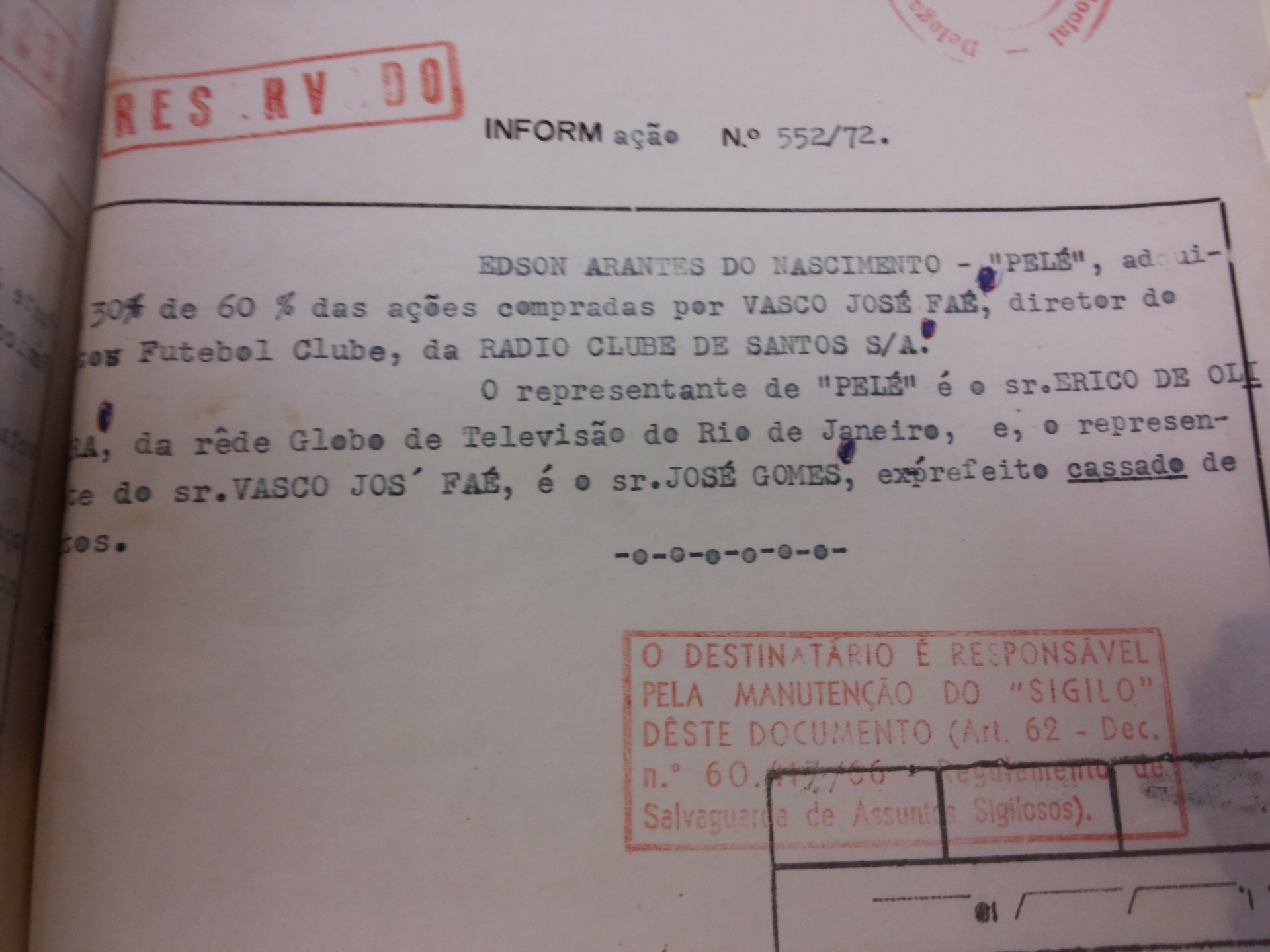 Documento sigiloso relata compra de ações da Rádio Clube de Santos por Pelé - Reprodução/ Arquivo do DOPS