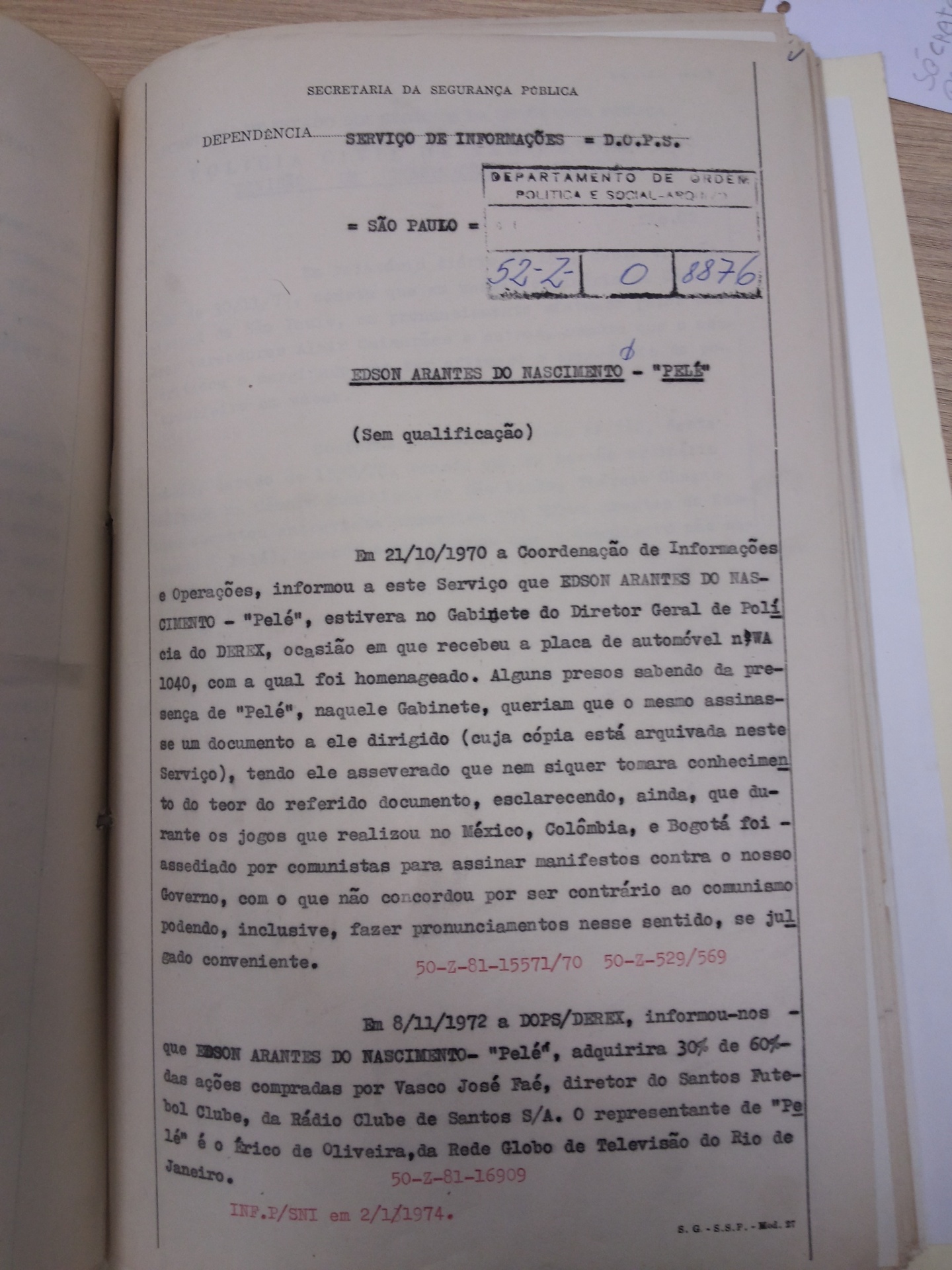 Página do Serviço de Informações do DOPS sobre Pelé - Reprodução/ Arquivo do DOPS