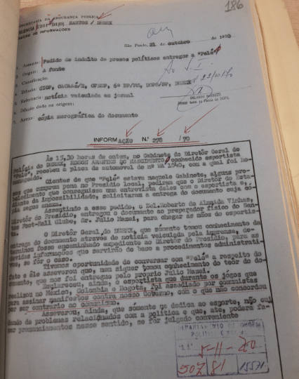 Relato do DOPS sobre conversa de policiais com Pelé na qual ele teria dito ser contrário ao comunnismo - Reprodução/ Arquivo do DOPS