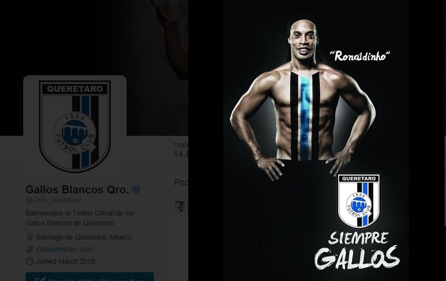 13.set.2014 - Gallos Blancos de Querétaro publicam imagem de Ronaldinho pintado com s cores do novo clube