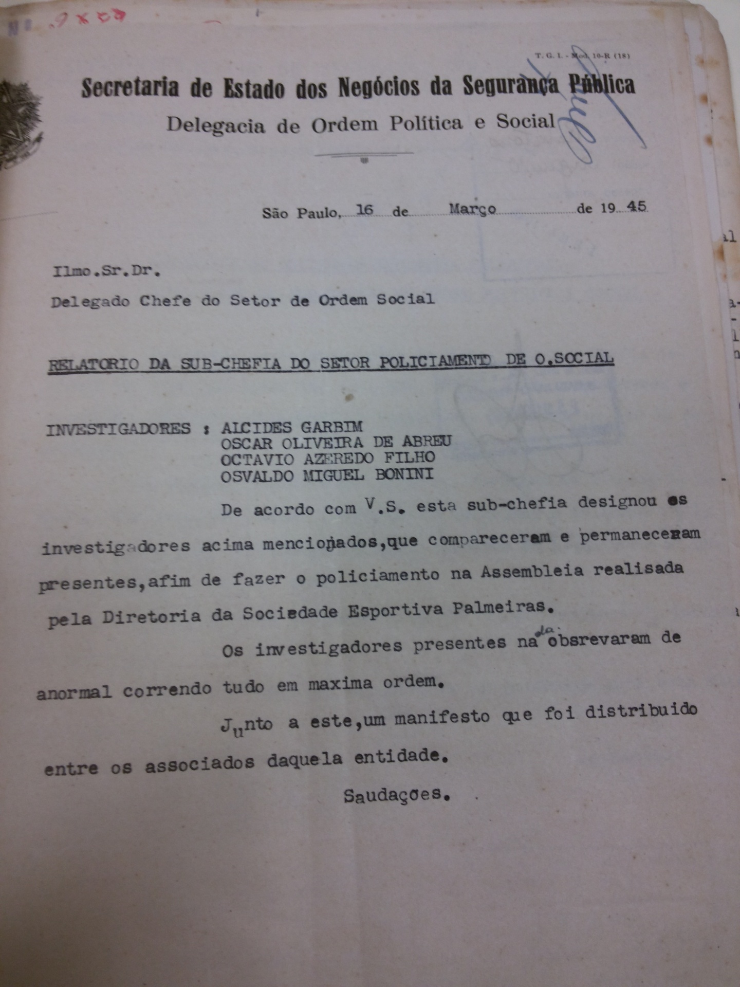 Relatório de policiais do Dops sobre assembleia no clube em 1945. - Ricardo Perrone/UOL