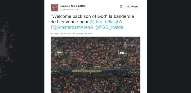 Reprodução de tweet que mostra a faixa exibida para Ibrahimovic no estádio do Ajax - Reprodução/Twitter